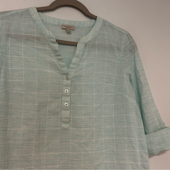 Talbots Aqua Blue White Squared Blouse Top Size MP - Picture 2 of 6